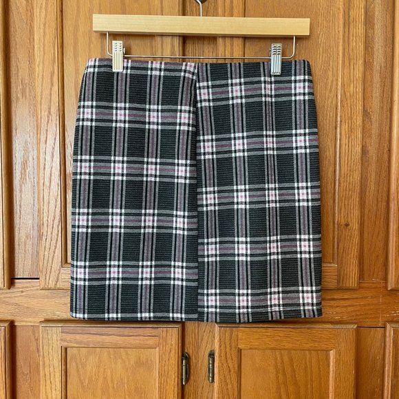 Full Tilt Womens L Plaid Mini Skirt Split Hem Black White Pink Stretch USA Made - Picture 8 of 13